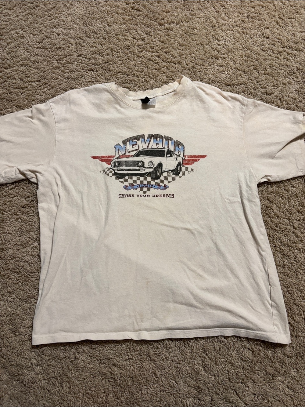 Divided Cream Graphic Tee with Blue and Black Print